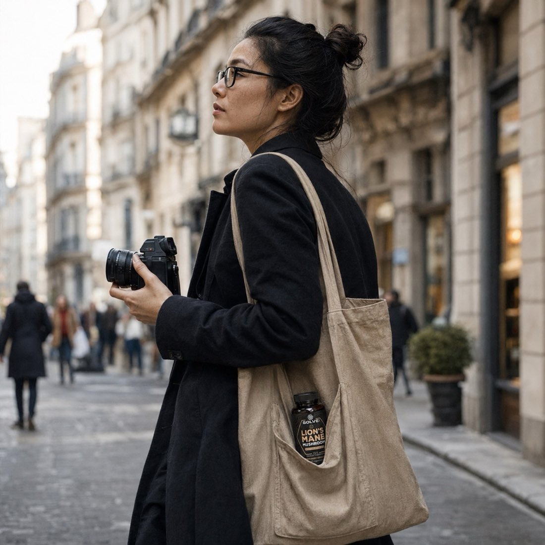A photographer on the street, Solve Labs Lion's Mane in her tote