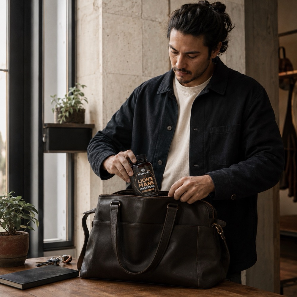 A man packing Solve Labs Lion's Mane into his bag