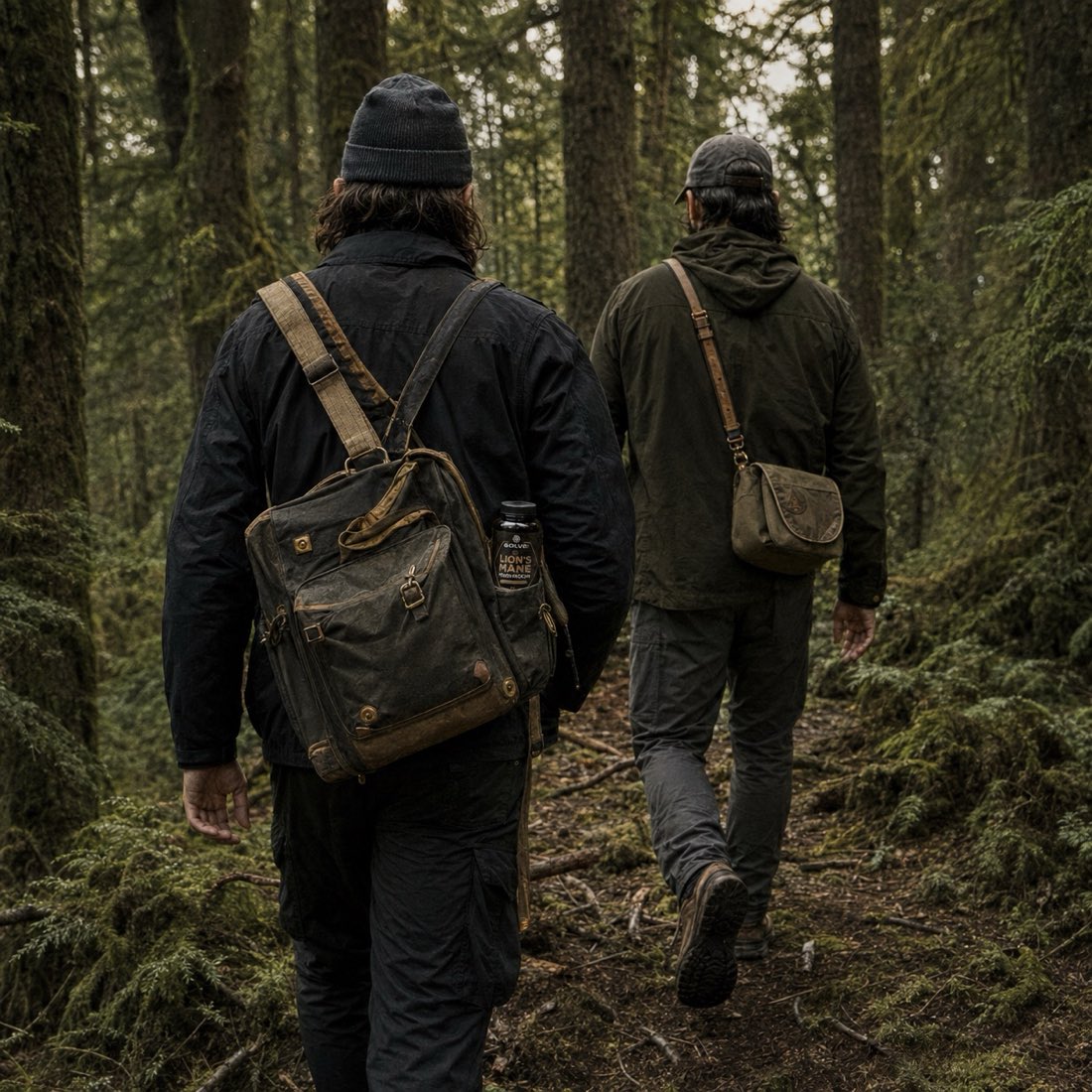 Two people hiking a forest trail, Solve Labs Lion's Mane in a pack