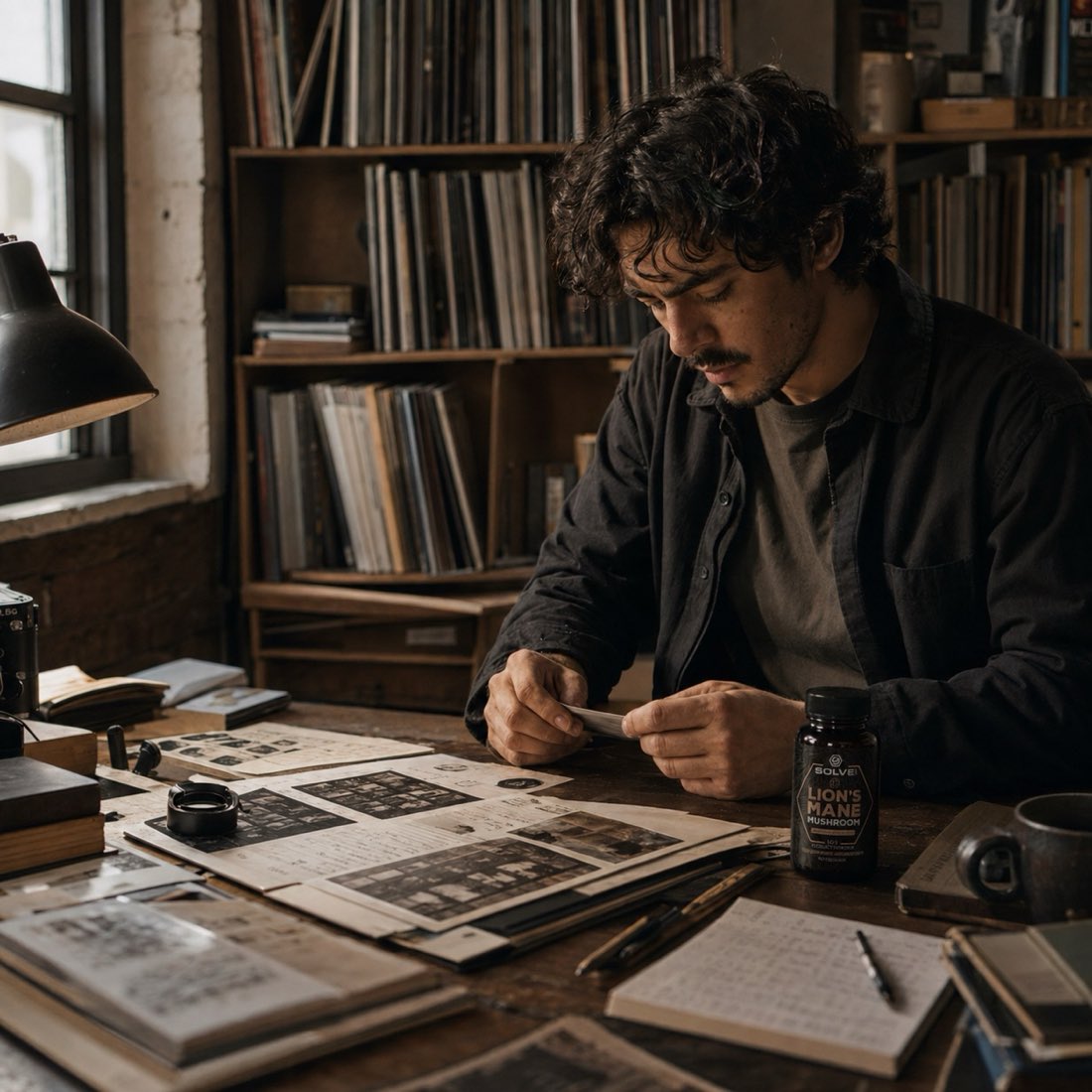 A man examining prints at his desk beside Solve Labs Lion's Mane